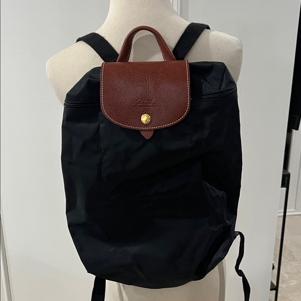 Long-champ Black Canvas & Chestnut Leather  Backpack. NWOT